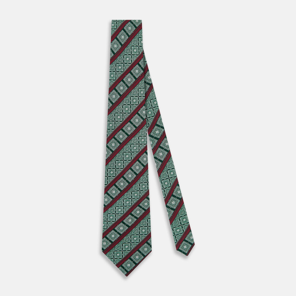 Forest Green and Red Medallion Bar Printed Silk Tie OS