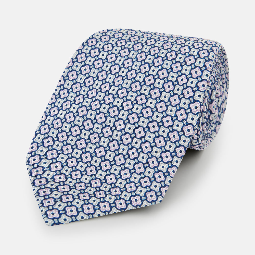 Pale Blue and Green Abstract Quatrefoil Foulard Printed Silk Tie OS