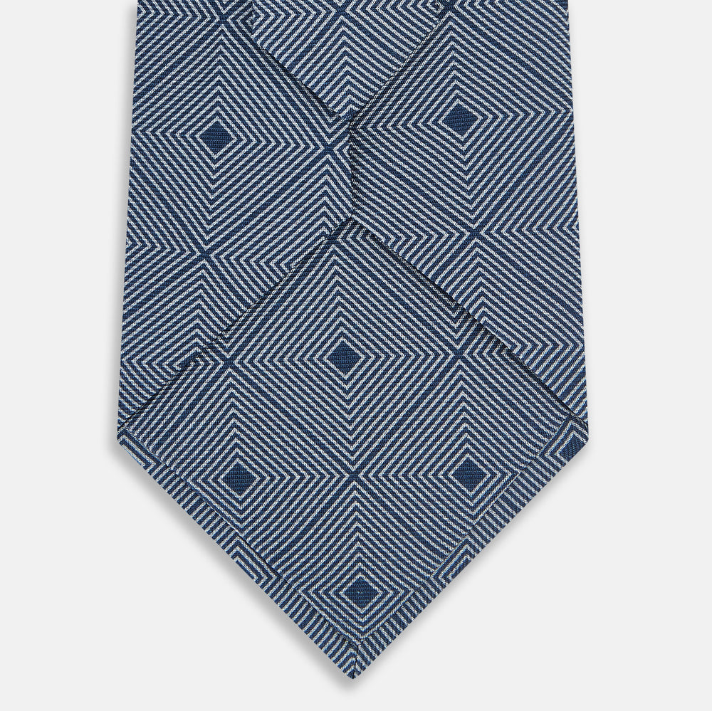 Pale Blue and Green Abstract Quatrefoil Foulard Printed Silk Tie OS