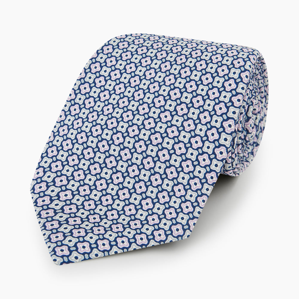 Pale Blue and Green Abstract Quatrefoil Foulard Printed Silk Tie OS