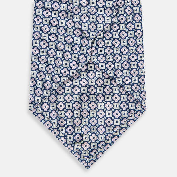 Pale Blue and Green Abstract Quatrefoil Foulard Printed Silk Tie Image 7