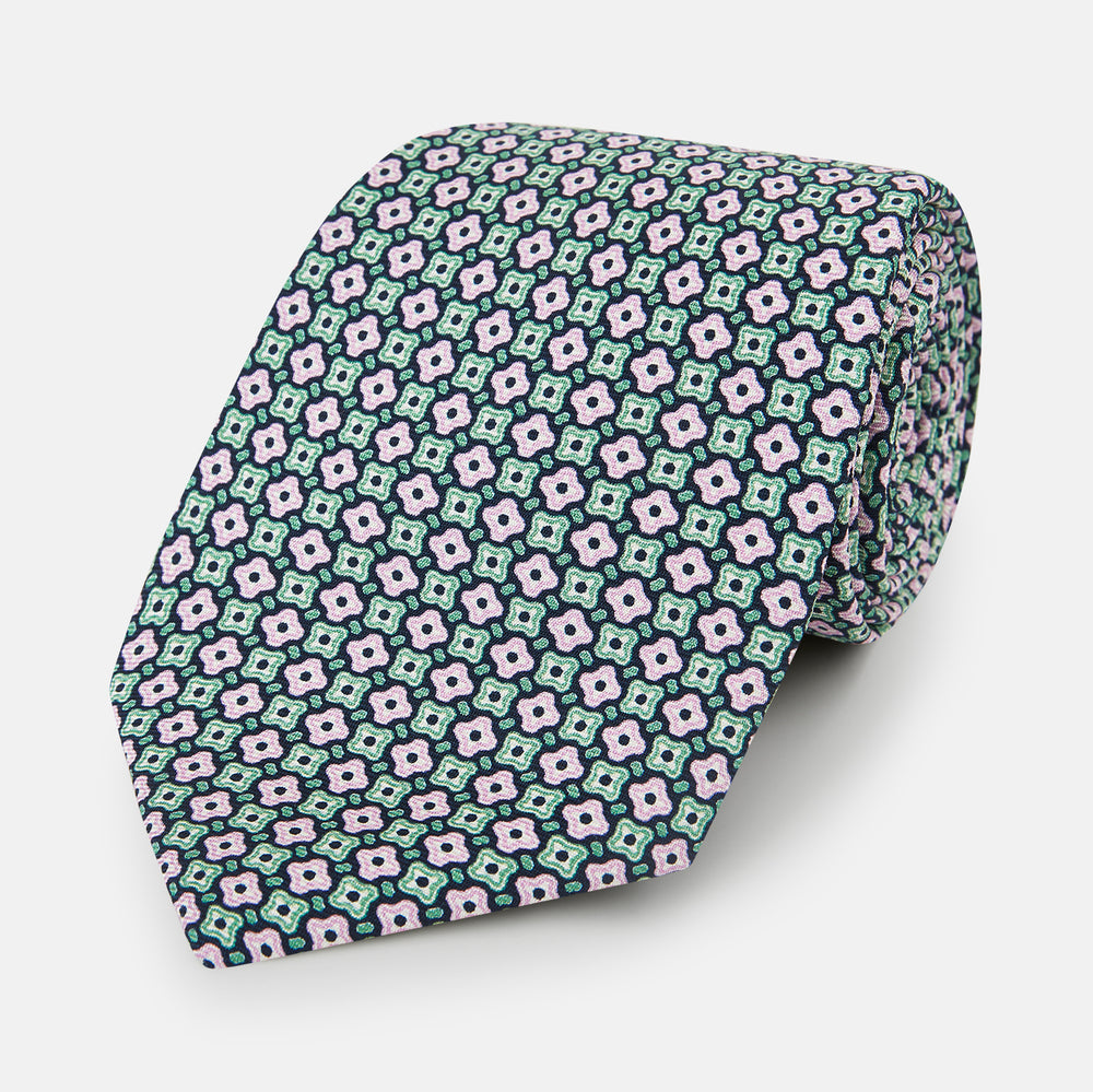 Kelly Green and Pink Abstract Quatrefoil Foulard Printed Silk Tie OS