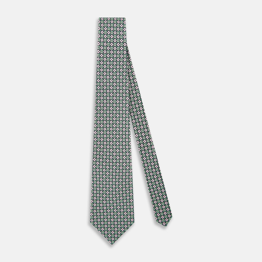 Kelly Green and Pink Abstract Quatrefoil Foulard Printed Silk Tie OS