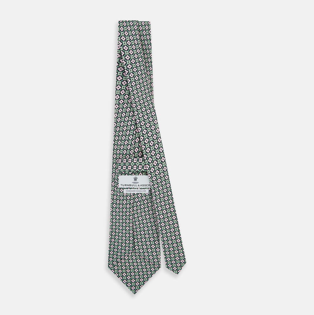 Kelly Green and Pink Abstract Quatrefoil Foulard Printed Silk Tie OS