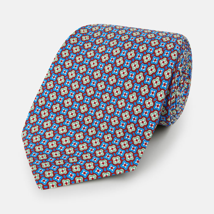 Tulip Red and Blue Abstract Quatrefoil Foulard Printed Silk Tie