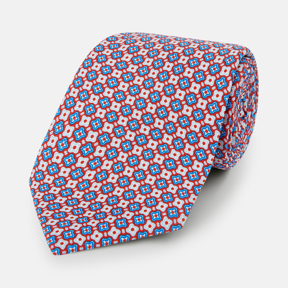 Red and Blue Abstract Quatrefoil Foulard Printed Silk Tie OS