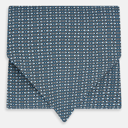 Blue Geometric Lattice Damier Printed Silk Cravat