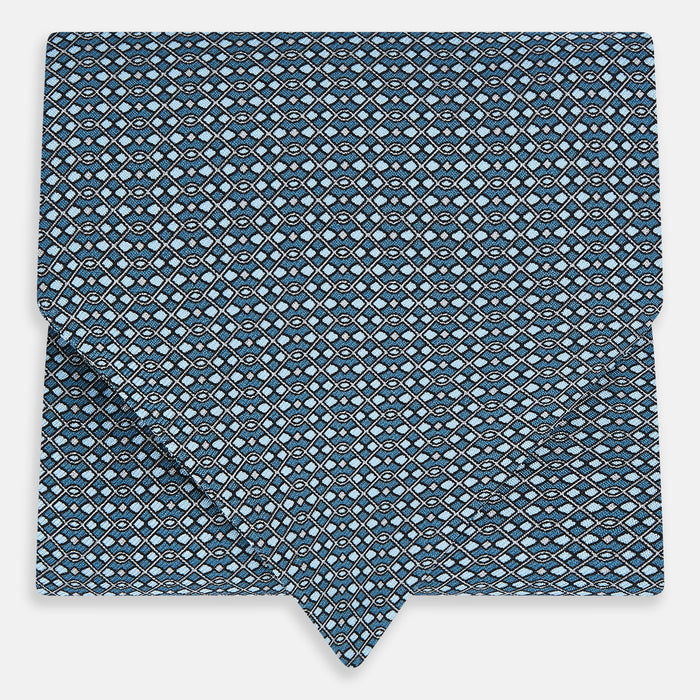 Blue Geometric Lattice Damier Printed Silk Cravat