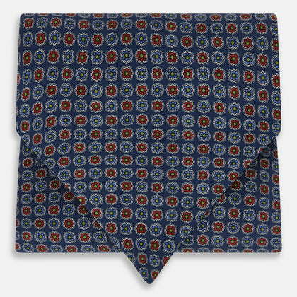 Midnight Blue Contrasting Rosette Medallion Printed Silk Cravat
