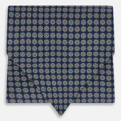 Dark Navy Contrasting Rosette Medallion Printed Silk Cravat