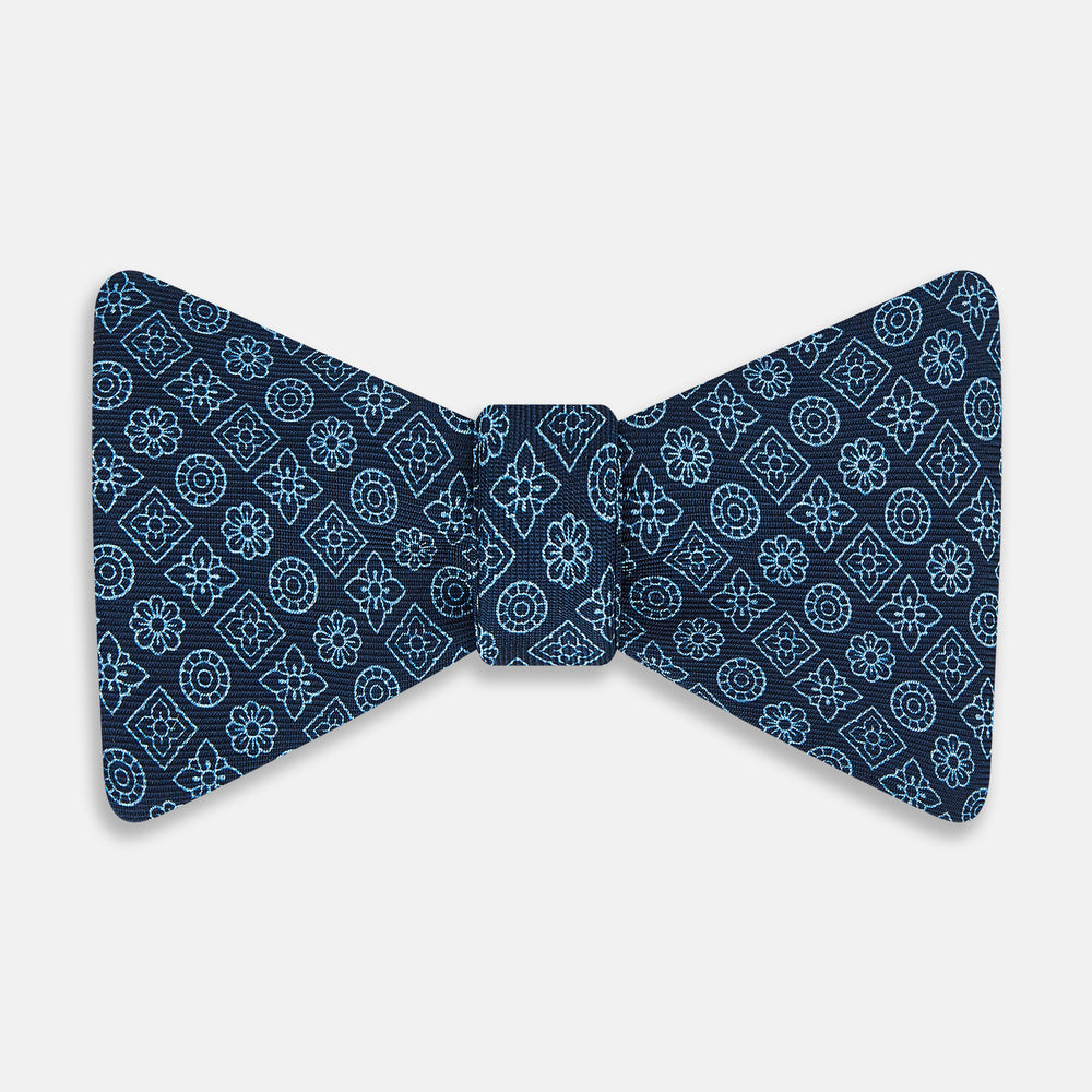 Dark Navy Floral Tile Pattern Printed Silk Bow Tie OS