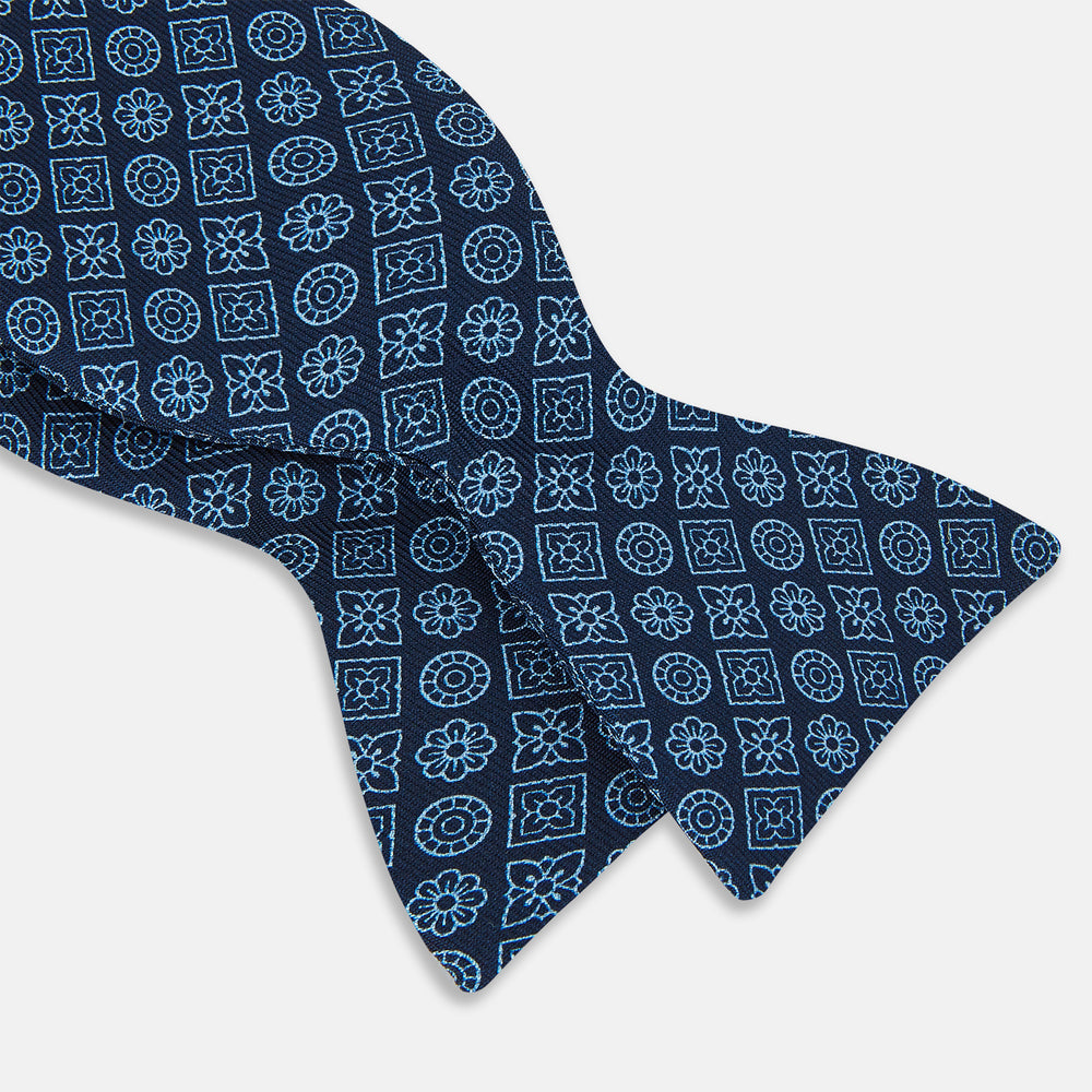 Dark Navy Floral Tile Pattern Printed Silk Bow Tie OS