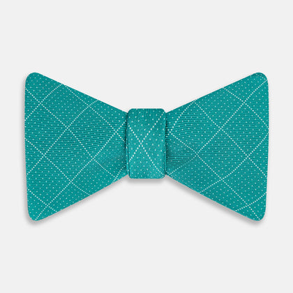 Turquoise Dotted Check Pattern Printed Silk Bow Tie