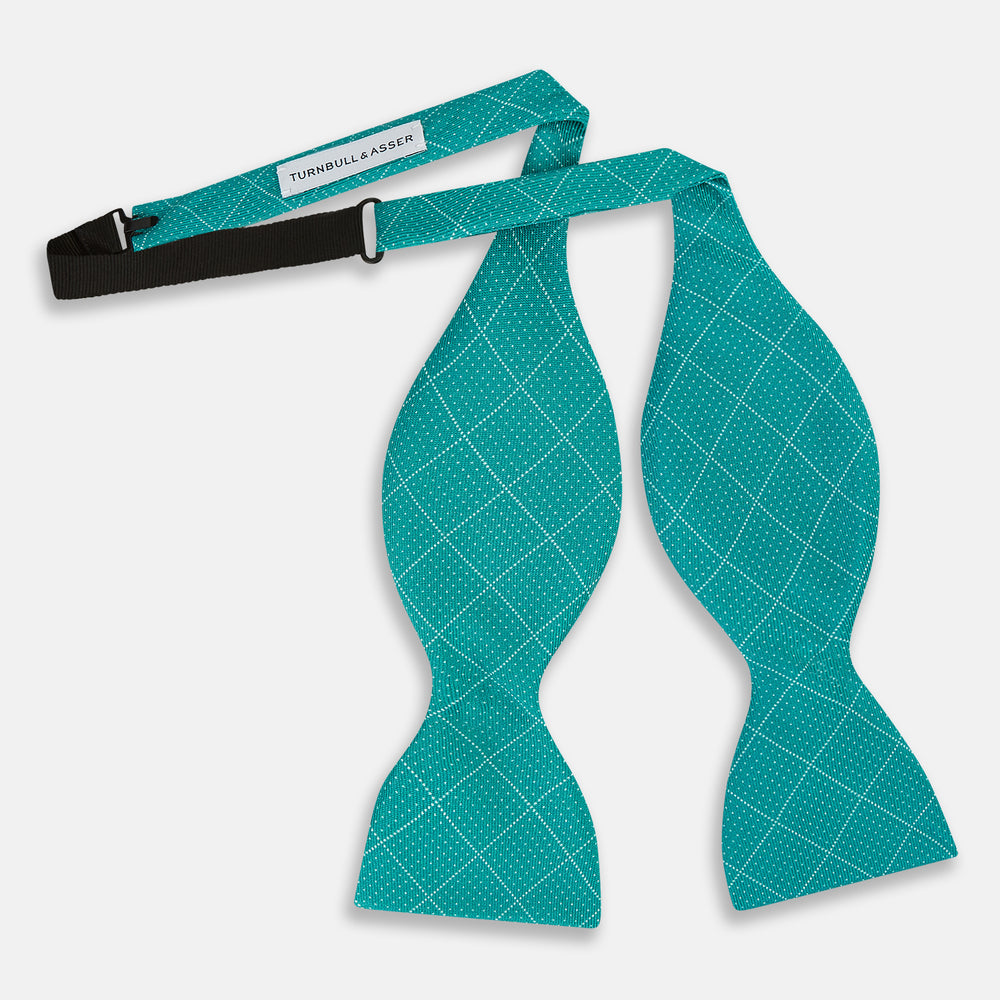 Turquoise Dotted Check Pattern Printed Silk Bow Tie OS