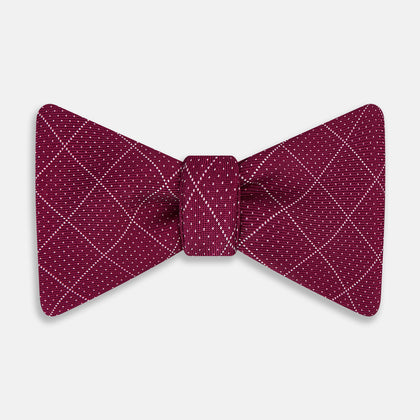 Burgundy Dotted Check Pattern Printed Silk Bow Tie