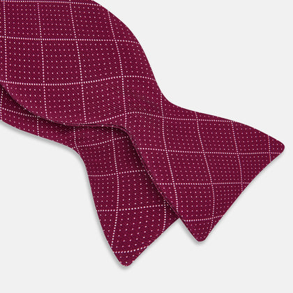 Burgundy Dotted Check Pattern Printed Silk Bow Tie Image 2