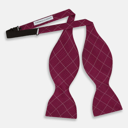 Burgundy Dotted Check Pattern Printed Silk Bow Tie