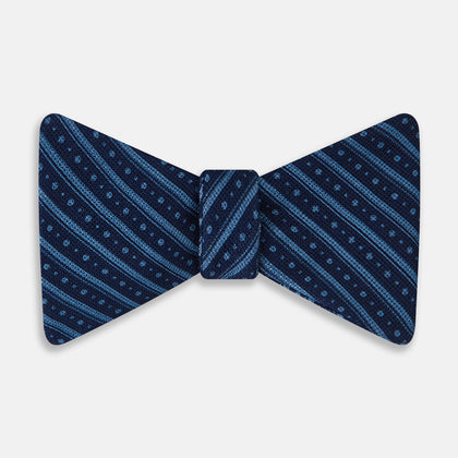 Blue Beaded Ticking Stripe Printed Silk Bow Tie