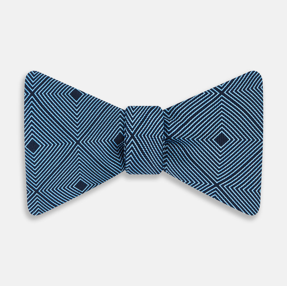 Blue and Navy Concentric Diamond Printed Silk Bow Tie OS