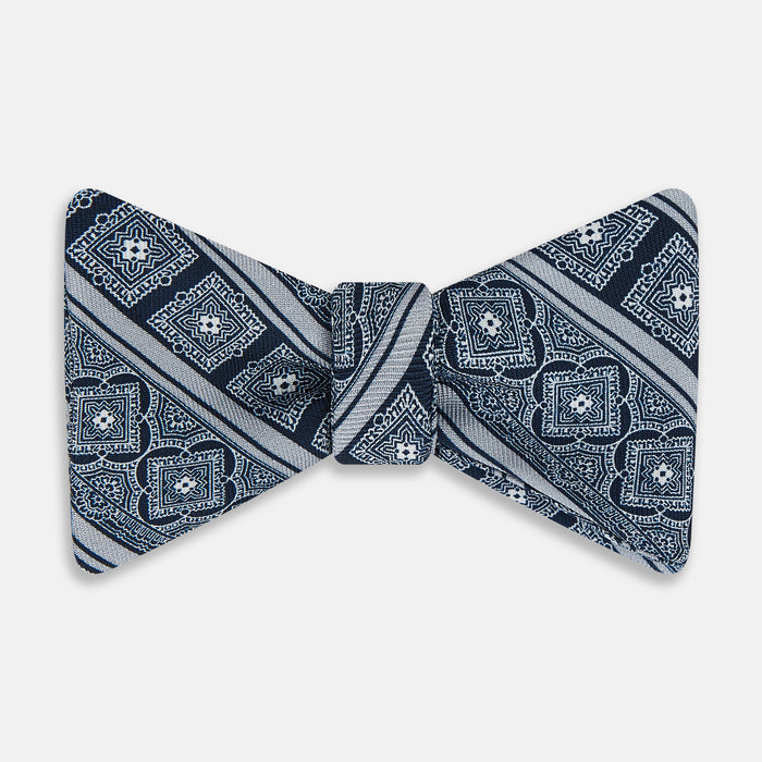 Navy and Grey Medallion Bar Printed Silk Bow Tie