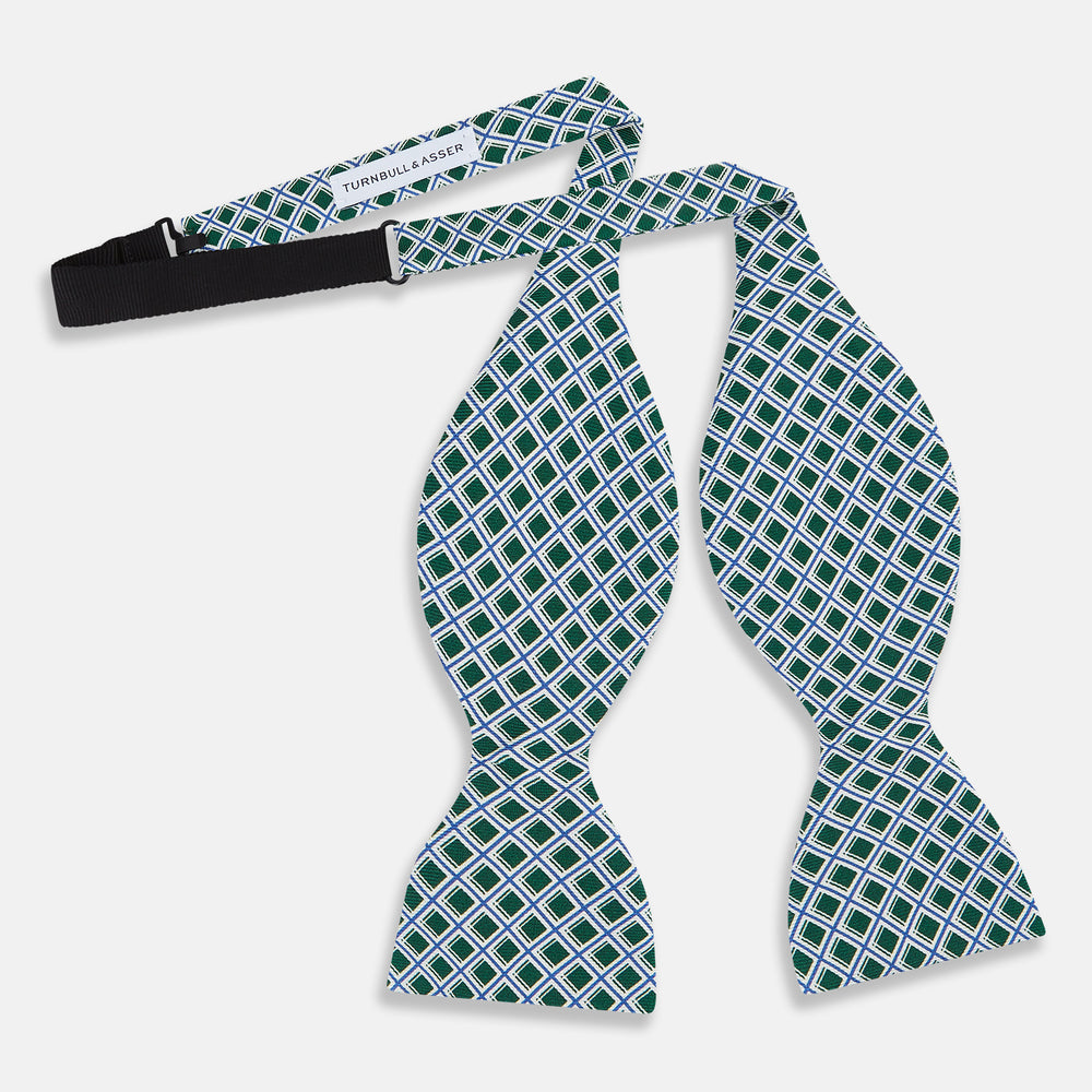 Forest Green and Blue Nested Square Printed Silk Bow Tie OS
