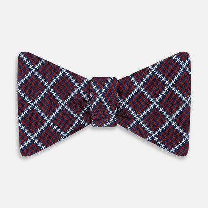 RED WHITE AND NAVY HARLEQUIN SILK BOW TIE