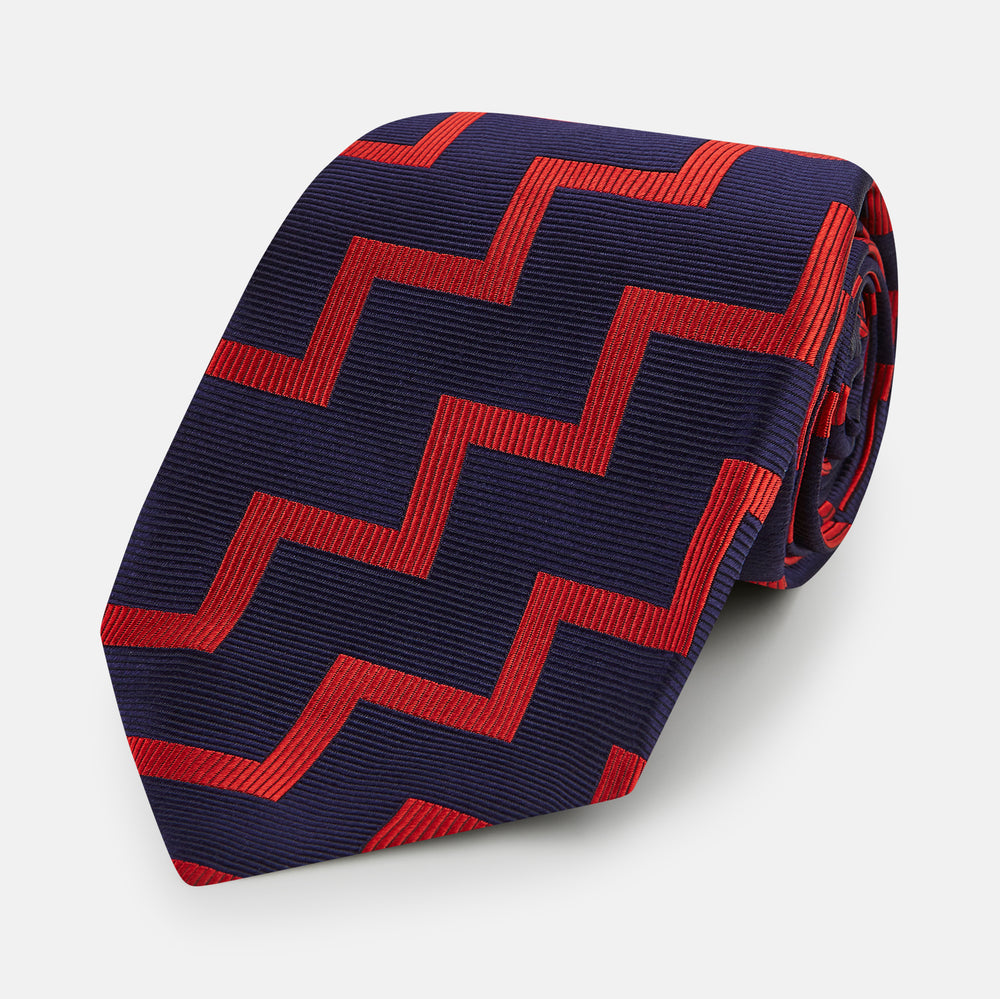 Seven-Fold Silk Red and Navy Geometric Tie