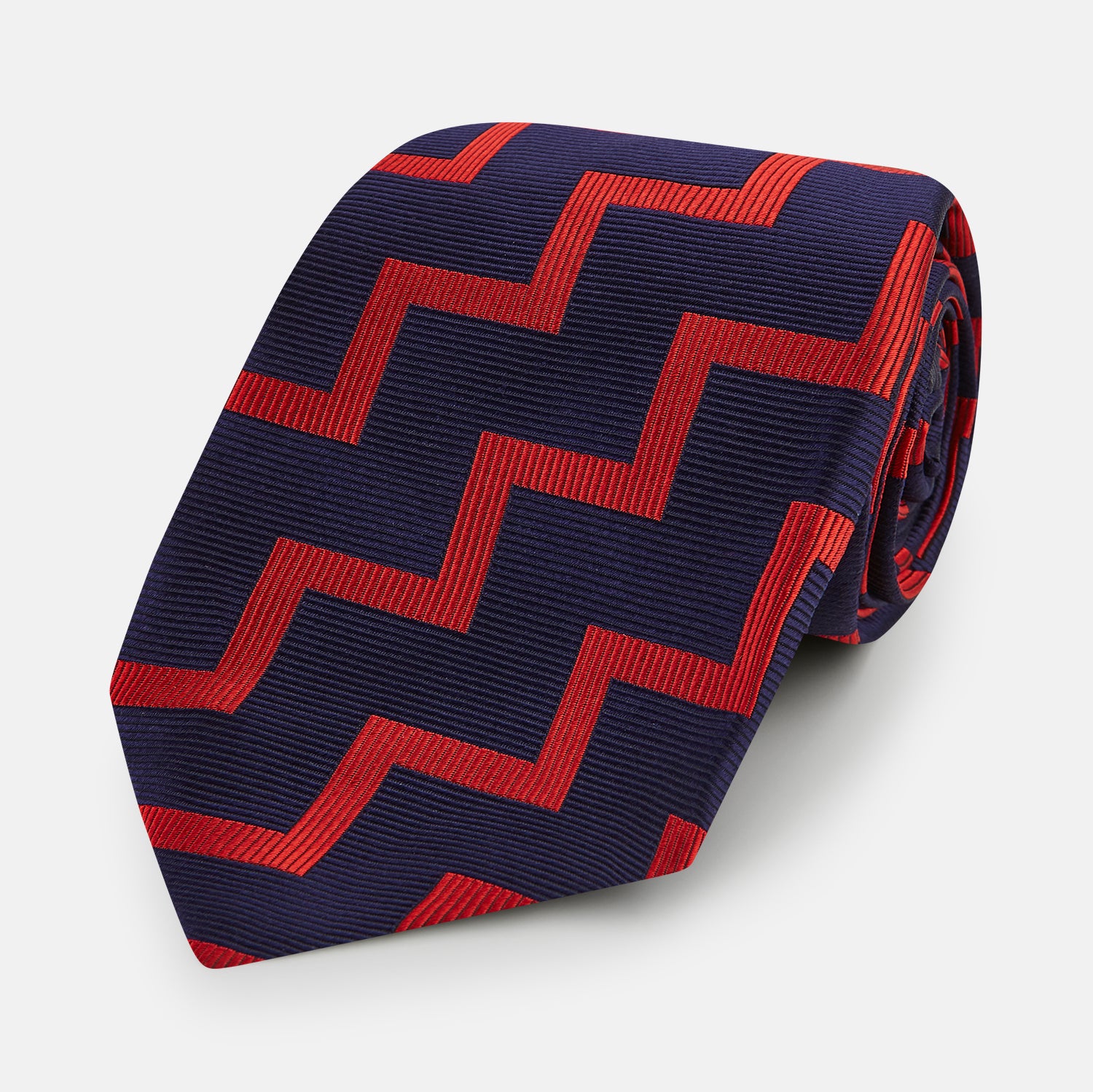 View 1 of product Seven-Fold Silk Red and Navy Geometric Tie