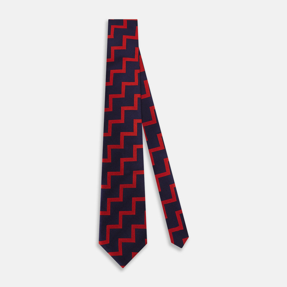 Seven-Fold Silk Red and Navy Geometric Tie