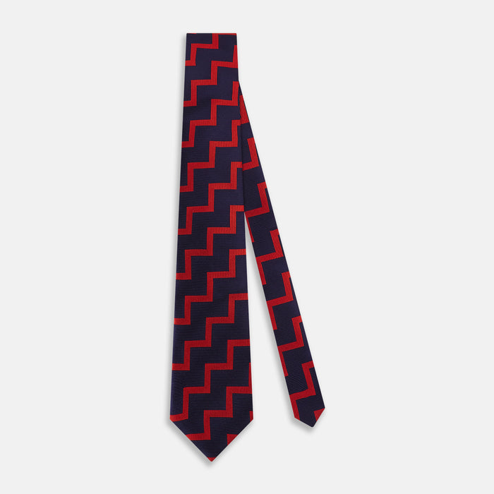 Seven-Fold Silk Red and Navy Geometric Tie Image 1