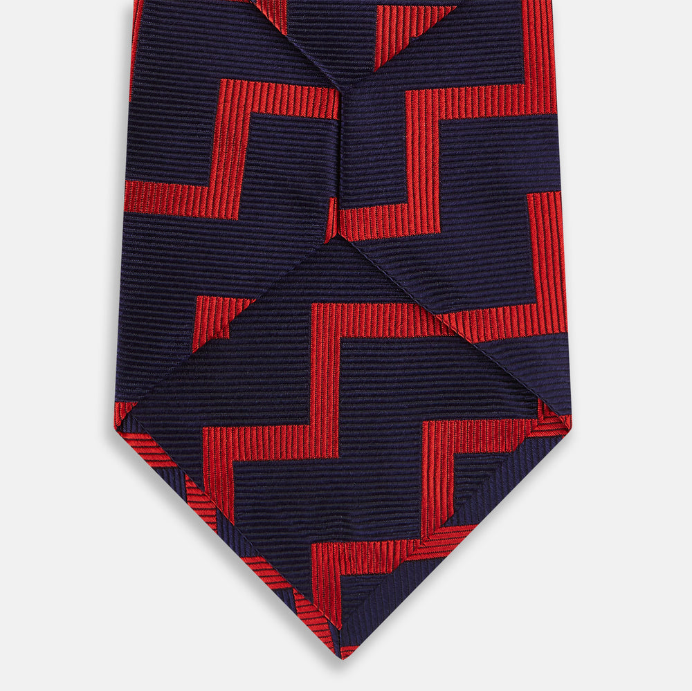Seven-Fold Silk Red and Navy Geometric Tie