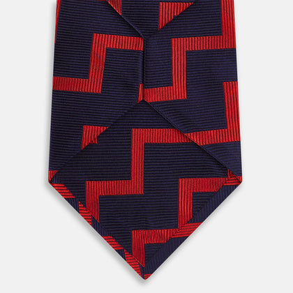 Seven-Fold Silk Red and Navy Geometric Tie Image 2