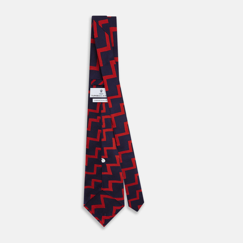 Seven-Fold Silk Red and Navy Geometric Tie