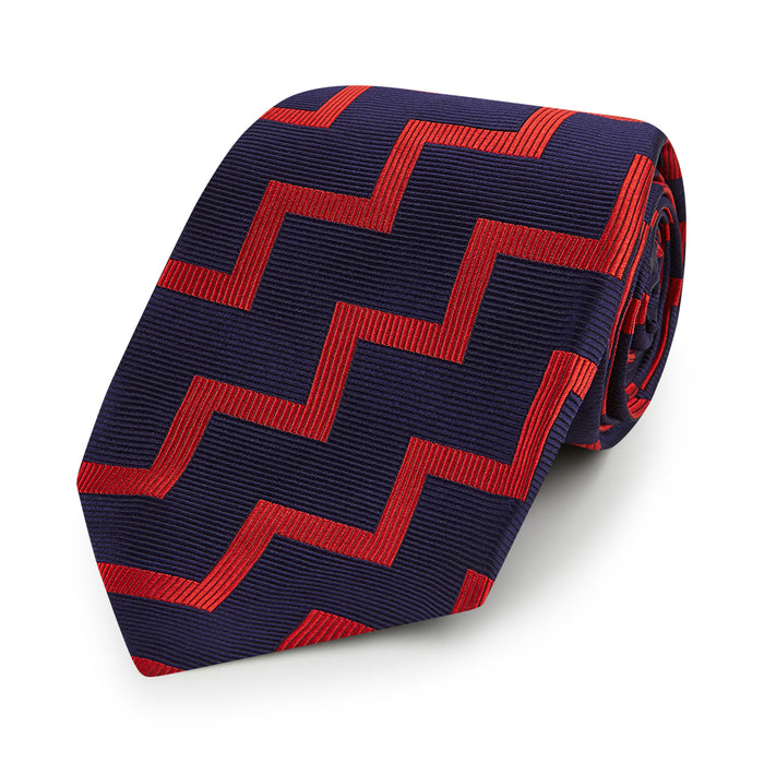 Seven-Fold Silk Red and Navy Geometric Tie Image 5