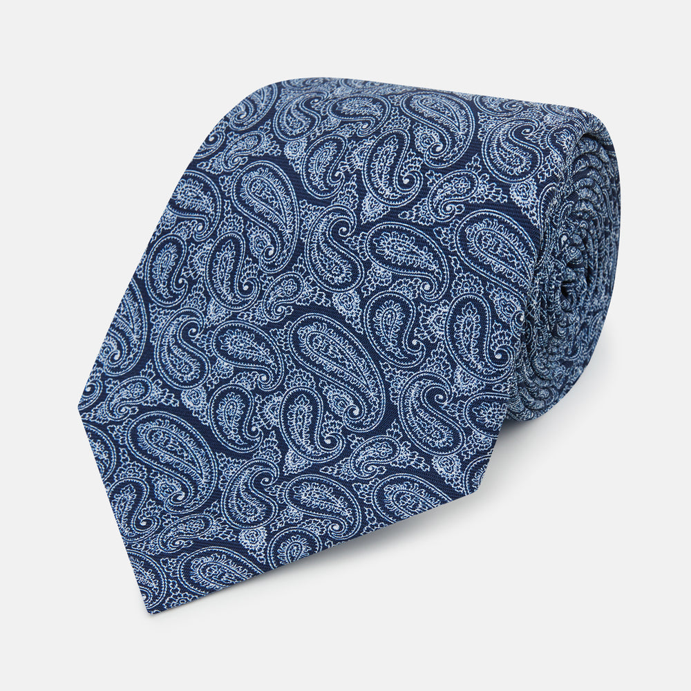 Dark Navy Paisley Printed Silk Tie