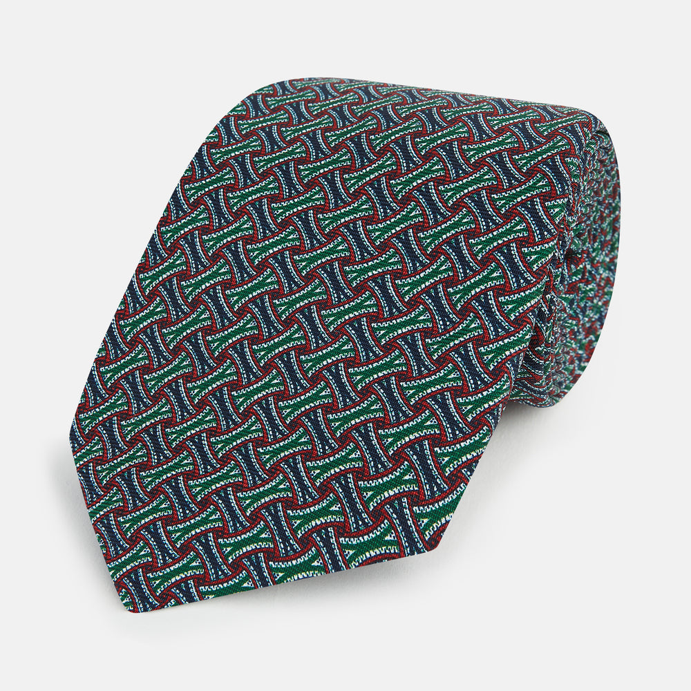 Forest Green and Red Weave-Patterned Printed Silk Tie