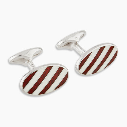Burgundy and White Striped Oval Enamel Cufflinks Image 3