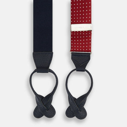 Burgundy and White Small Spot Adjustable Silk and Navy Leather Braces