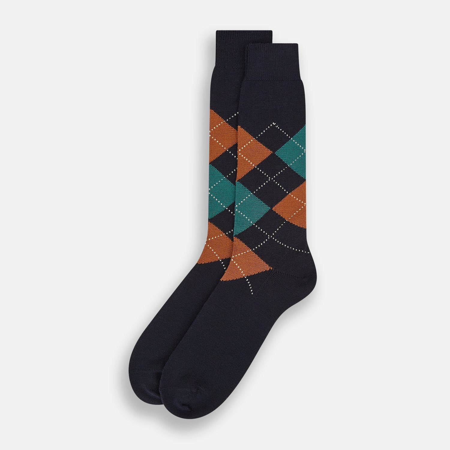 View 2 of product Navy/Green/Orange Wool Check Mid-Length Socks