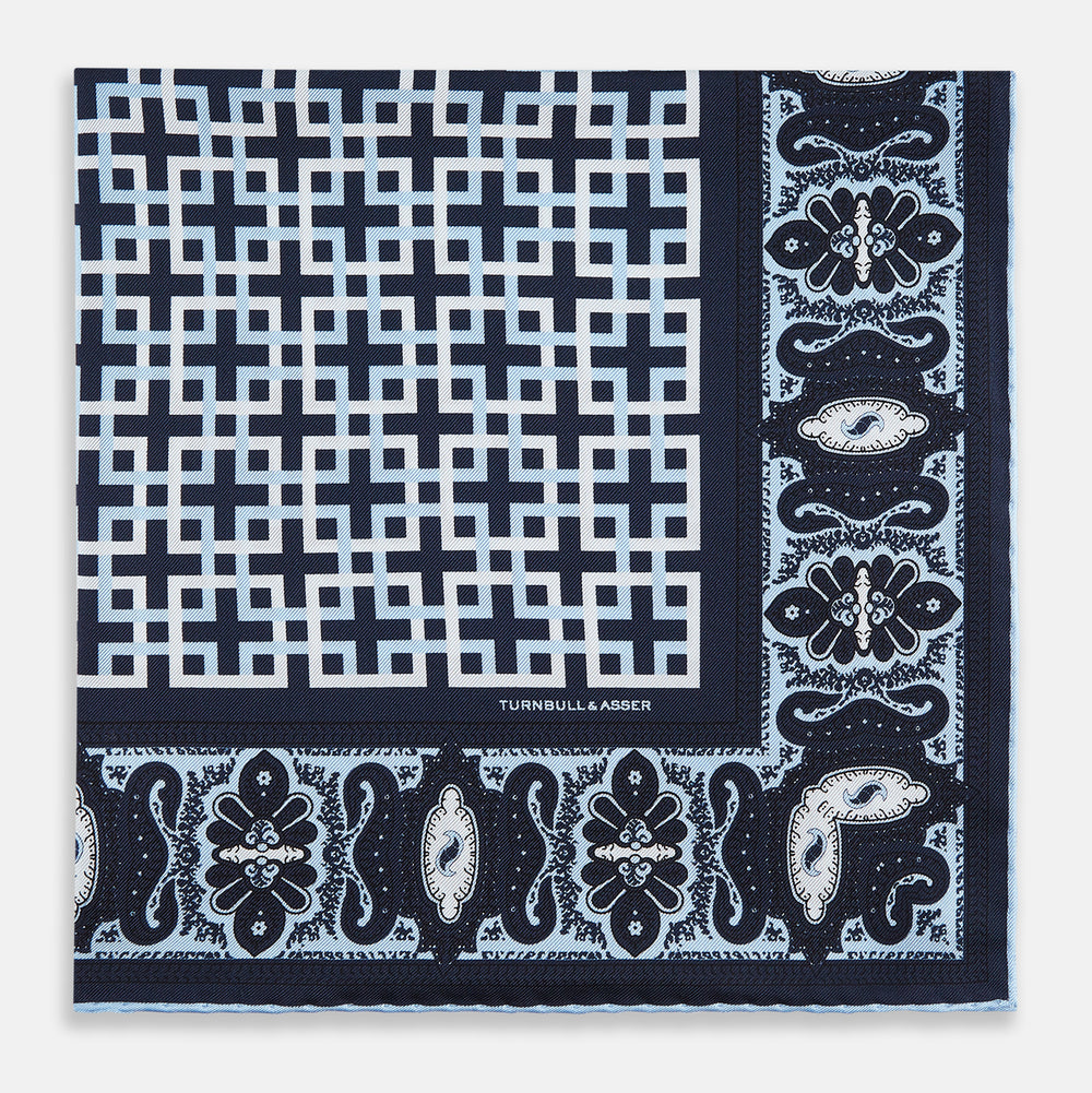Navy Square-Patterned and Paisley Patterned Silk Pocket Square