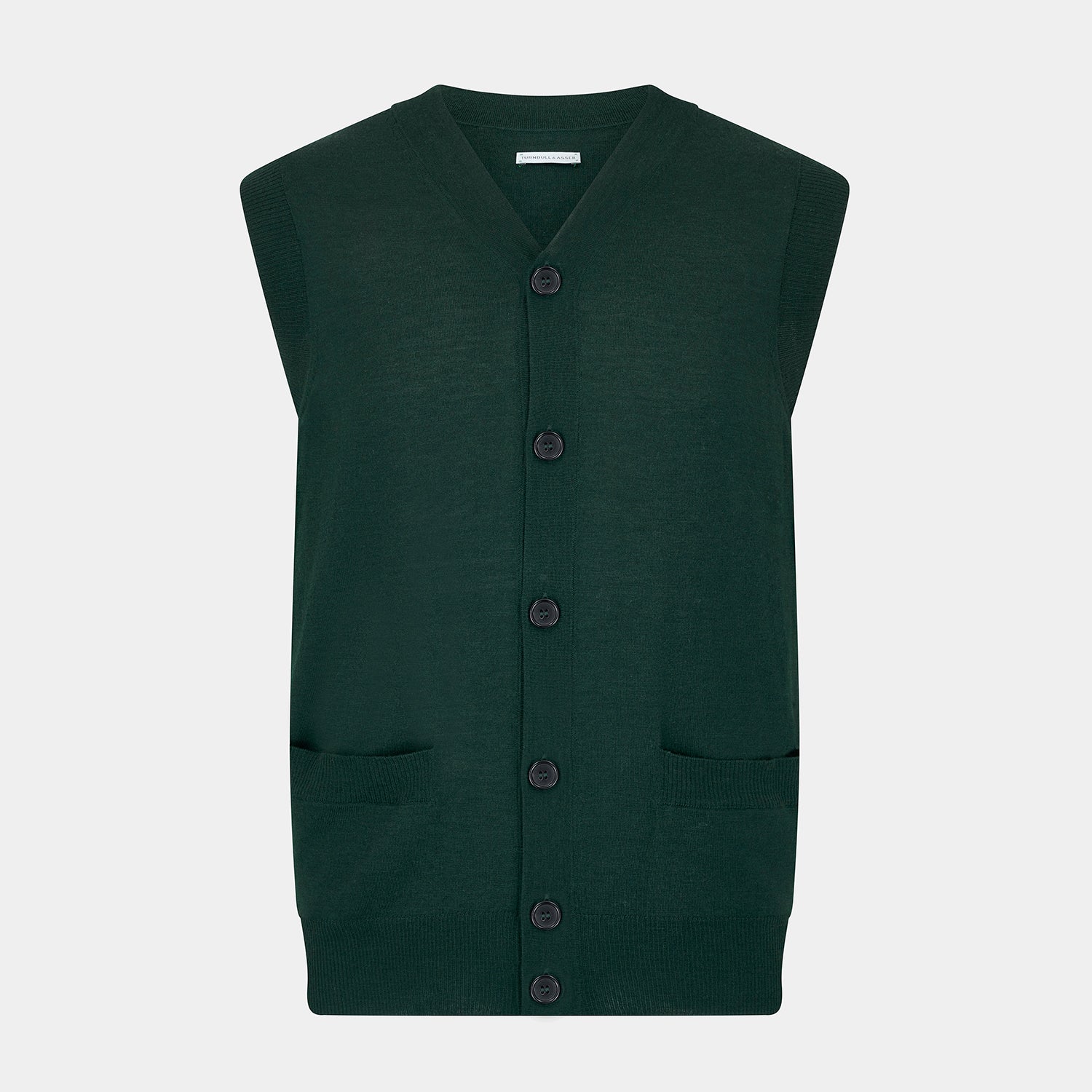 View 1 of product Forest Green Fine Merino V-Neck Sleeveless Cardigan
