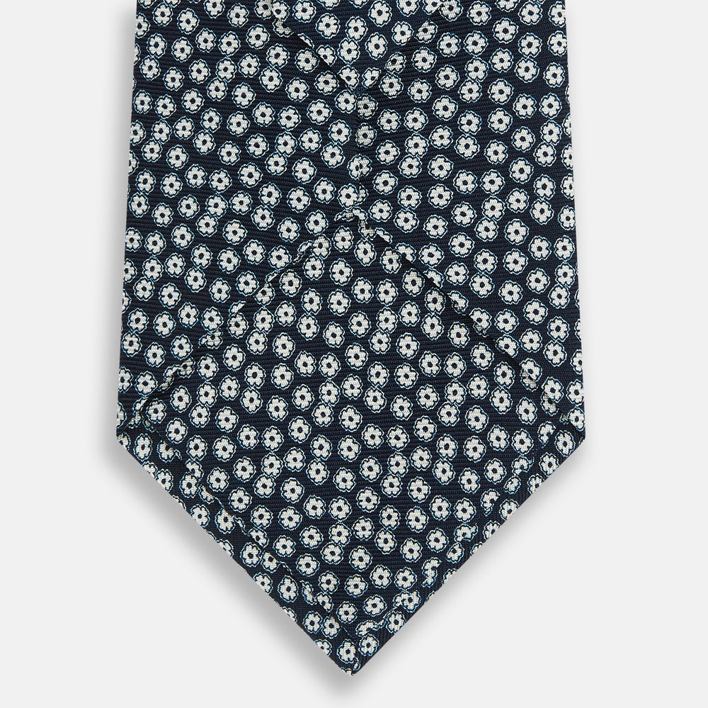 Navy Flower Patterned Printed Silk Tie