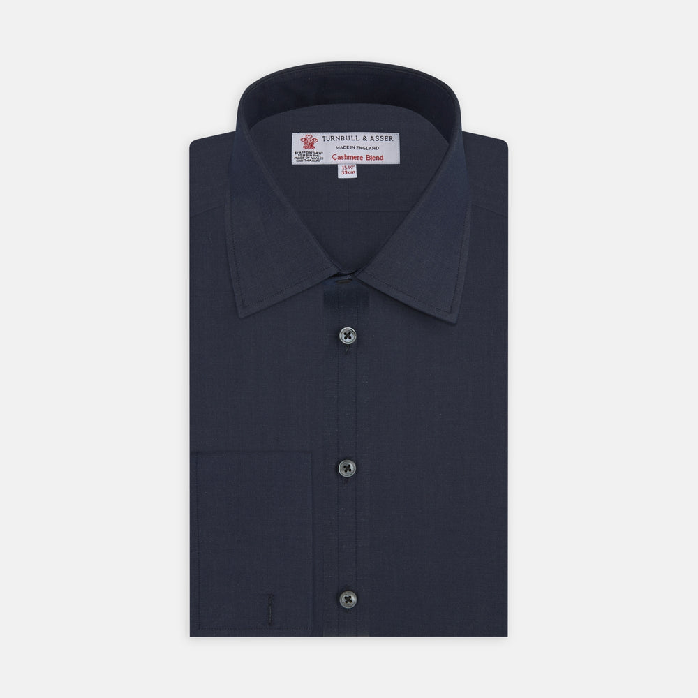Dark Blue Denim-Cashmere Shirt with T&amp;A Collar and Double Cuffs