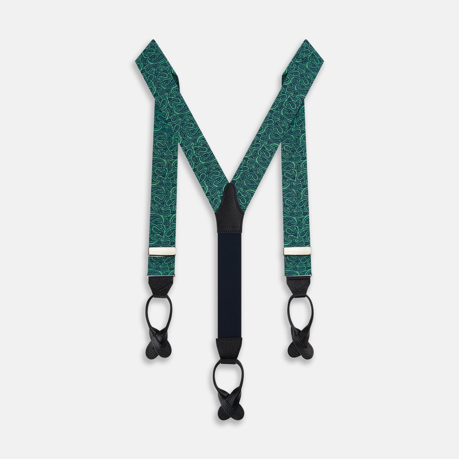 View 1 of product Kelly Green Paisley Adjustable Silk and Navy Leather Braces