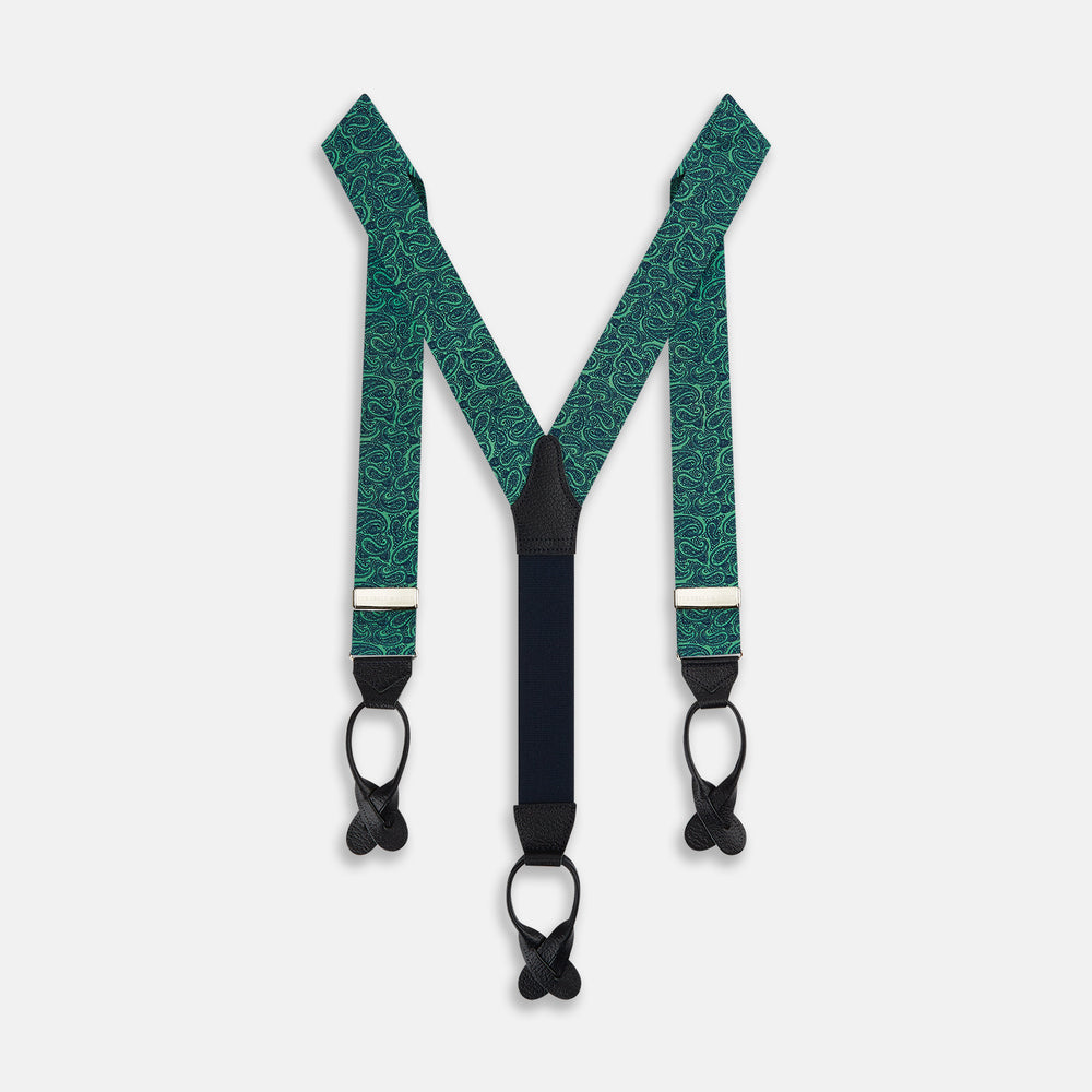 Kelly Green Paisley Adjustable Silk and Navy Leather Braces