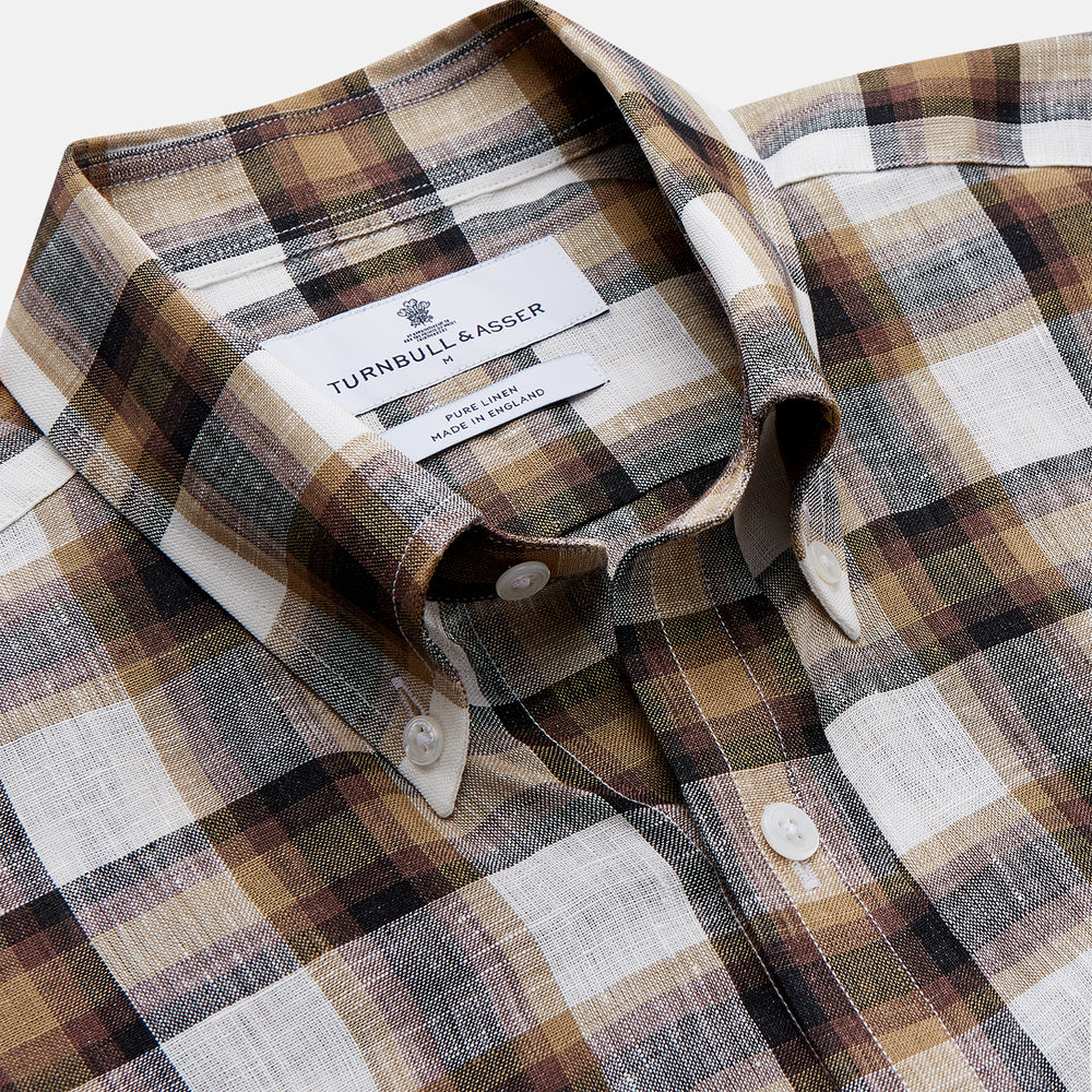 Brown Multi Check Linen Weekend Fit Hayne Shirt