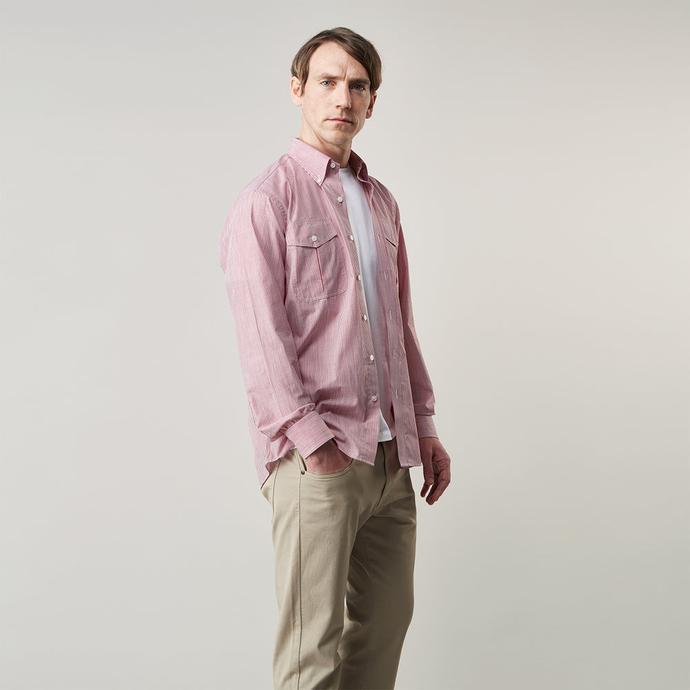 Dark Red Chambray Stripe Weekend Fit Shirt With Dorset Collar