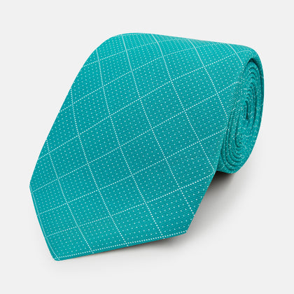 Turquoise Dotted Check Pattern Printed Silk Tie