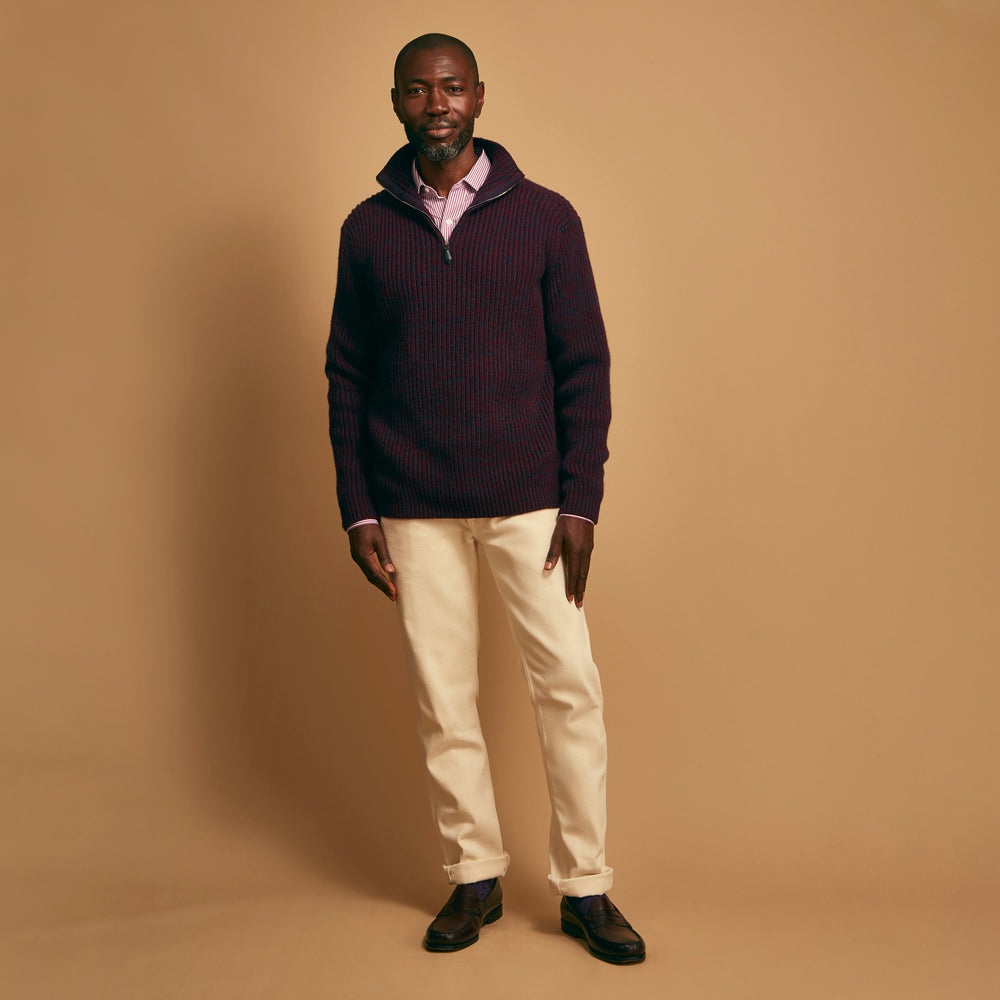 Burgundy Mullion Half Zip Rib Cashmere Jumper