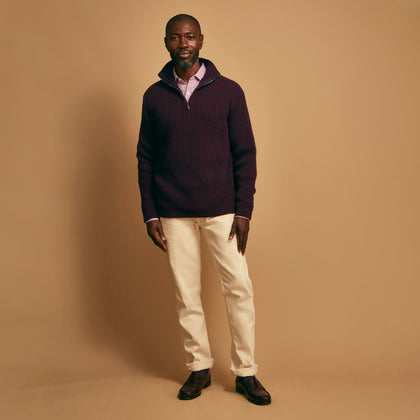 Burgundy Mullion Half Zip Rib Cashmere Jumper Image 1